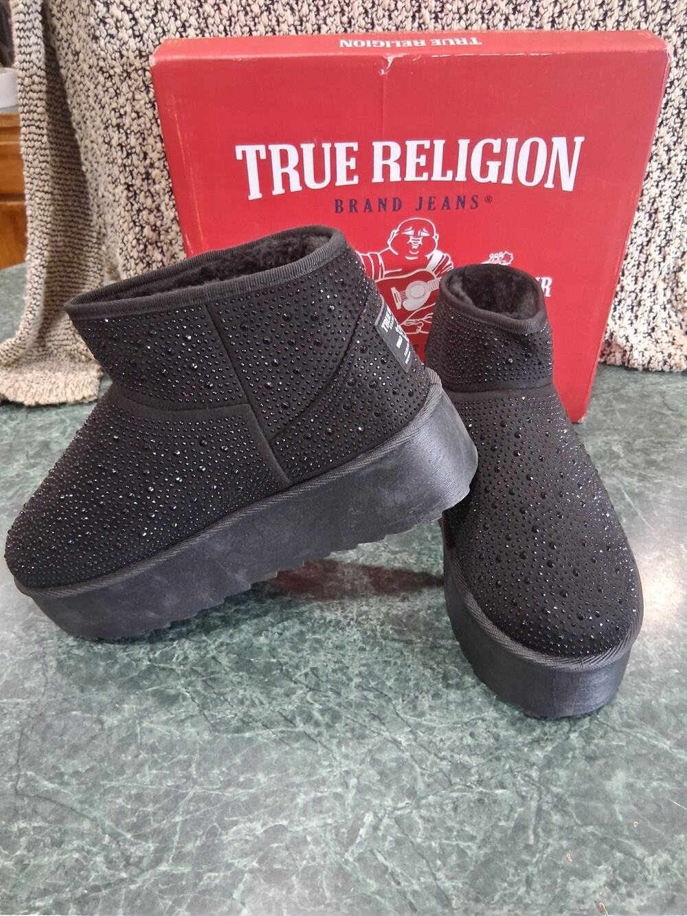 True Religion TERRY Black Suede Fur Boots Bling Sparkle Rhinestone Booties Sz 8M